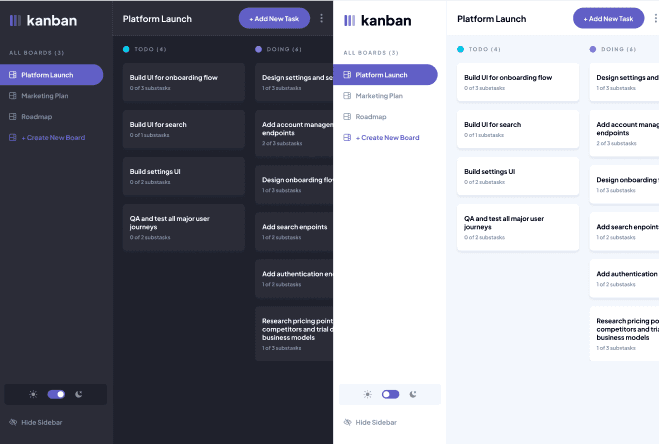 Side by side comparison of Kanban board in light and dark mode