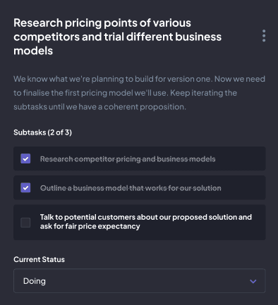 Subtask tracking modal showing checklist with purple checkboxes